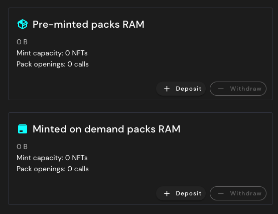 Pre-minted and minted on demand packs RAM management